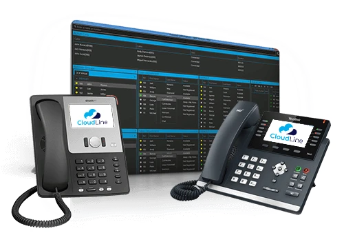 Two business desk phones showing the CloudLine logo, in front of a switchboard screen with call queue and extension status