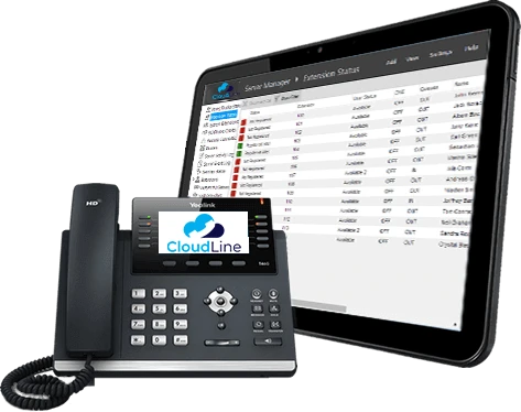 Yealink desk phone displaying the CloudLine logo; with a white-label Branded PBX your own logo appears instead